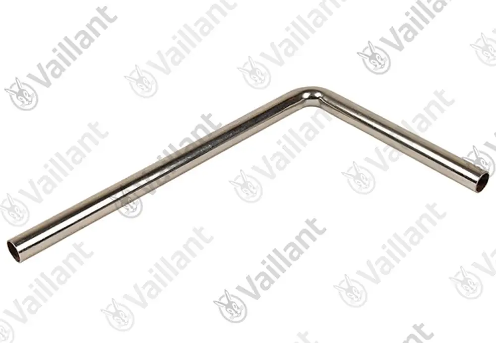 Vaillant Rohr mit einer L-förmigen Struktur, geeignet für verschiedene Anwendungen. Das Produkt hat ein glänzendes, metallisches Finish.